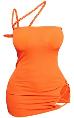 Shape Orange Sheer Mesh Twist Detail Cut Out Bodycon Dress