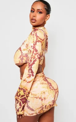 Shape Orange Snake Print Slinky One Sleeve Cut Out Bodycon Dress