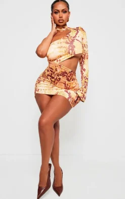 Shape Orange Snake Print Slinky One Sleeve Cut Out Bodycon Dress