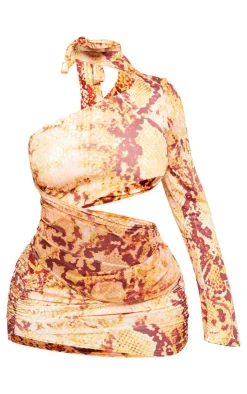 Shape Orange Snake Print Slinky One Sleeve Cut Out Bodycon Dress