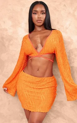 Shape Orange Textured Tie Front Long Sleeve Top