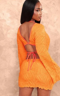 Shape Orange Textured Tie Front Long Sleeve Top