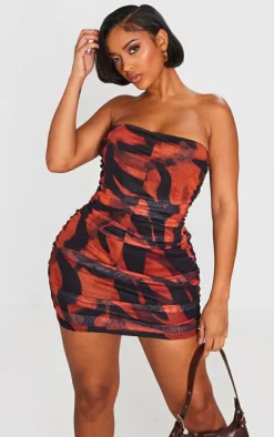 Shape Orange Zebra Print Mesh Corset Detail Ruched Bodycon Dress