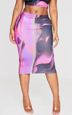 Shape Pink Abstract Print Slinky Low Rise Midi Skirt