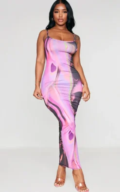Shape Pink Abstract Print Slinky Spaghetti Strap Midaxi Dress