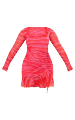 Shape Pink Animal Print Mesh Long Sleeve Ruched Side Frill Hem Bodycon Dress