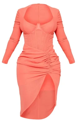 Shape Pink Corset Detail Long Sleeve Ruched Midi Dress