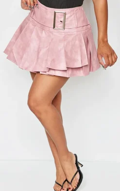 Shape Pink Faux Leather Pleated Belted Mini Skirt