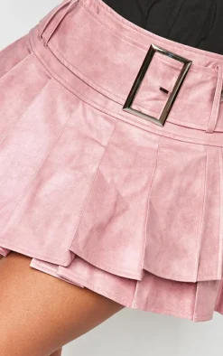 Shape Pink Faux Leather Pleated Belted Mini Skirt