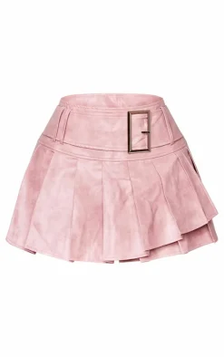 Shape Pink Faux Leather Pleated Belted Mini Skirt