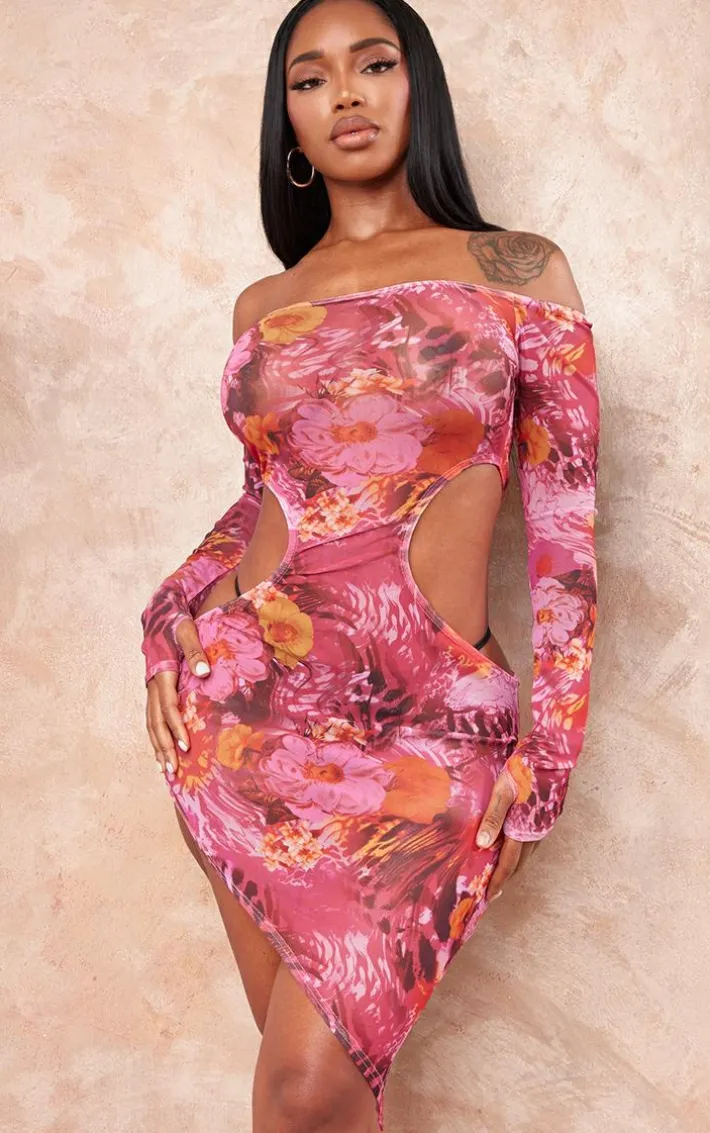 Shape Pink Floral Print Cut Out Asymmetric Hem Mini Dress