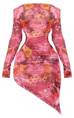Shape Pink Floral Print Cut Out Asymmetric Hem Mini Dress