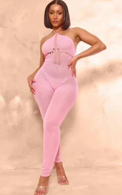 Shape Pink Knit Sheer Halterneck Jumpsuit