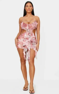 Shape Pink Mesh Printed Ruffle Open Back Halter Dress