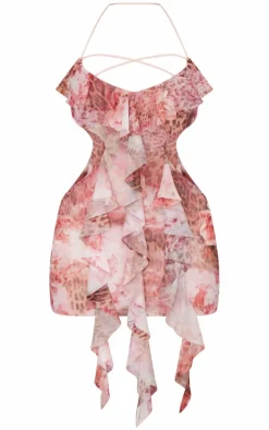 Shape Pink Mesh Printed Ruffle Open Back Halter Dress