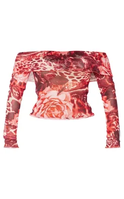 Shape Pink Printed Mesh Bardot Foldover Top