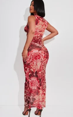 Shape Pink Printed Mesh Sleeveless Tie Front Cut Out Maxi Dress