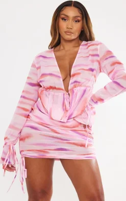 Shape Pink Printed Woven Extreme Plunge Mini Dress