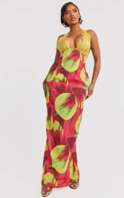 Shape Pink Printed Woven Lace Cup Detail Maxi Dress