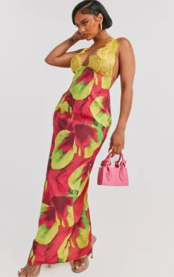 Shape Pink Printed Woven Lace Cup Detail Maxi Dress