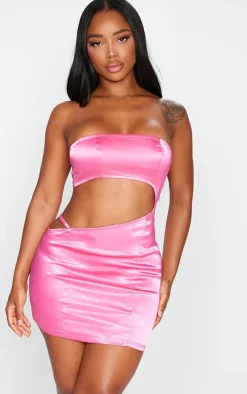 Shape Pink Satin Cut Out Bandeau Bodycon Dress