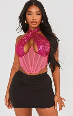 Shape Pink Sequin Mesh Insert Wrap Neck Corset