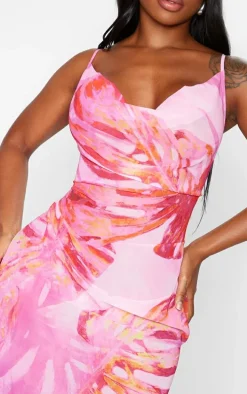 Shape Pink Tropical Print Strappy Cowl Neck Maxi Dress