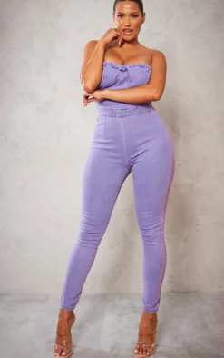 Shape Purple Acid Wash Cup Detail Tie Back Denim Jumpsuit