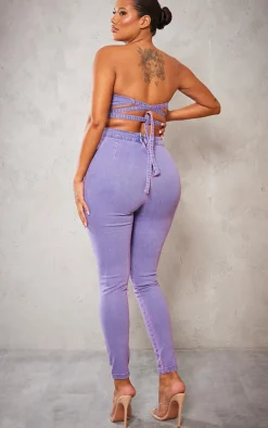 Shape Purple Acid Wash Cup Detail Tie Back Denim Jumpsuit