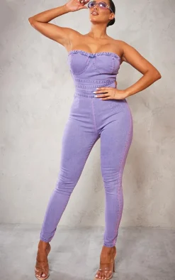 Shape Purple Acid Wash Cup Detail Tie Back Denim Jumpsuit