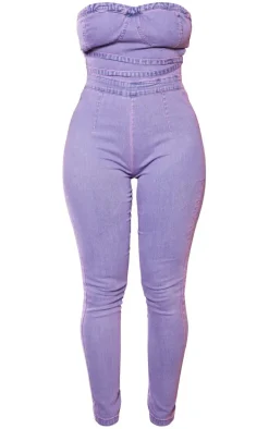 Shape Purple Acid Wash Cup Detail Tie Back Denim Jumpsuit