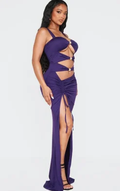 Shape Purple Cut Out High Leg Maxi Dress With Gold Trim
