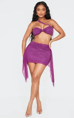Shape Purple Glitter Deep V Front Drape Side Mini Skirt