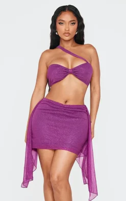 Shape Purple Glitter Deep V Front Drape Side Mini Skirt