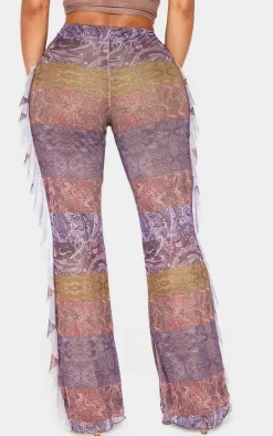 Shape Purple Paisley Print Frill Flared Strappy Waist Pants