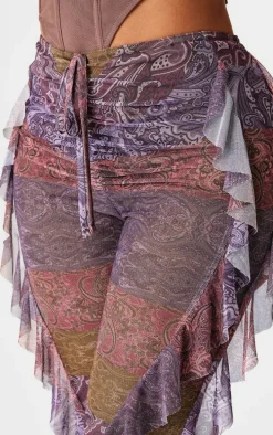 Shape Purple Paisley Print Frill Flared Strappy Waist Pants