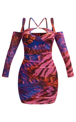 Shape Purple Print Mesh Ring Halterneck Ruched Bodycon Dress