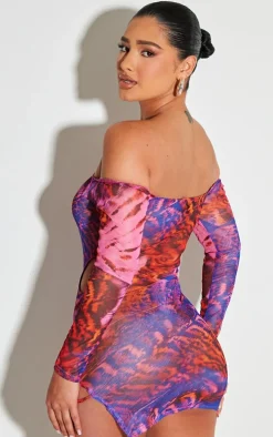Shape Purple Printed Mesh Long Sleeve Bardot Cut Out Bodycon Dress