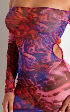 Shape Purple Printed Mesh Long Sleeve Bardot Cut Out Bodycon Dress