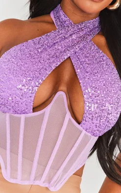 Shape Purple Sequin Mesh Insert Wrap Neck Corset