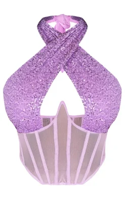 Shape Purple Sequin Mesh Insert Wrap Neck Corset
