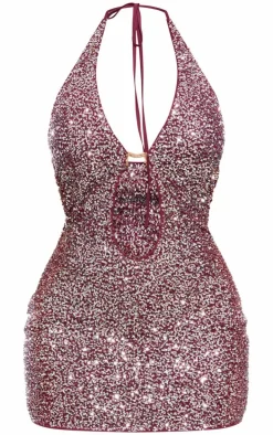 Shape Purple Sequin Plunge Gold Trim Halterneck Mini Dress