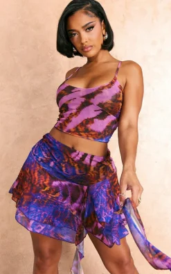 Shape Purple Zebra Printed Mesh Ruffle Skirt