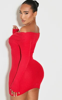 Shape Red Bardot Knitted Bodycon Dress