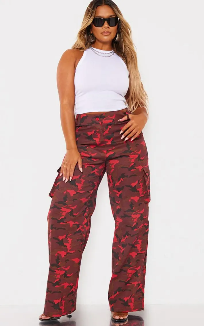 Shape Red Camo Print Pocket Detail Wide Leg Cargo Pants
