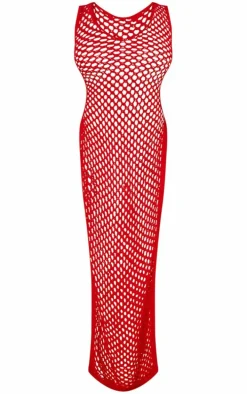 Shape Red Crochet Knit Split Side Maxi Dress