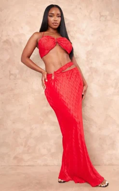 Shape Red Crushed Satin Cut Out Maxi Skirt