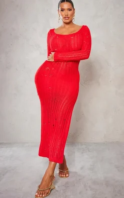 Shape Red Knit Scoop Neck Long Sleeve Maxi Dress