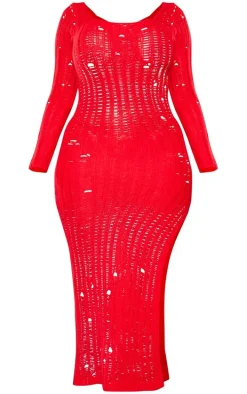 Shape Red Knit Scoop Neck Long Sleeve Maxi Dress