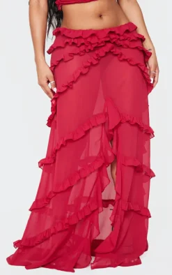 Shape Red Low Rise Frill Detail Front Split Maxi Skirt